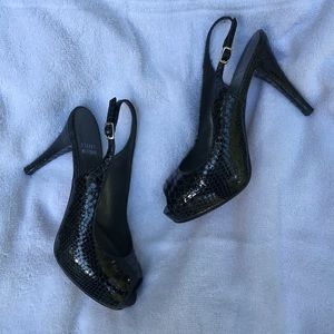 Stuart Weitzman Black Leather Open Toed Heel Sz 6